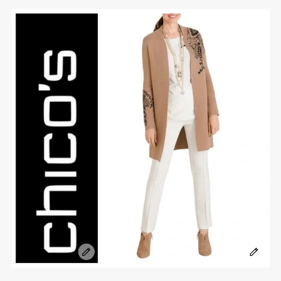 Chico's Long Camel Cardigan with Black Floral Embroidered Design EUC - Picture 1 of 12